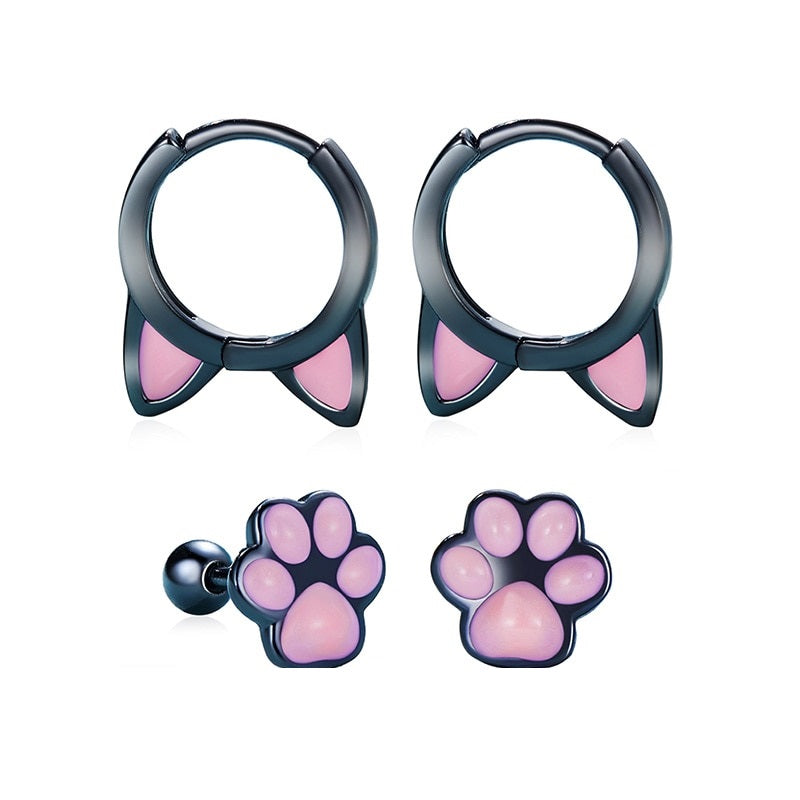 Black Pink Cat Earrings
