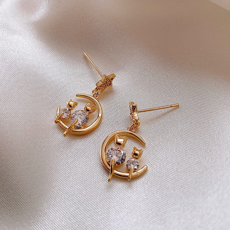 Gold Star and Moon Cat Earrings