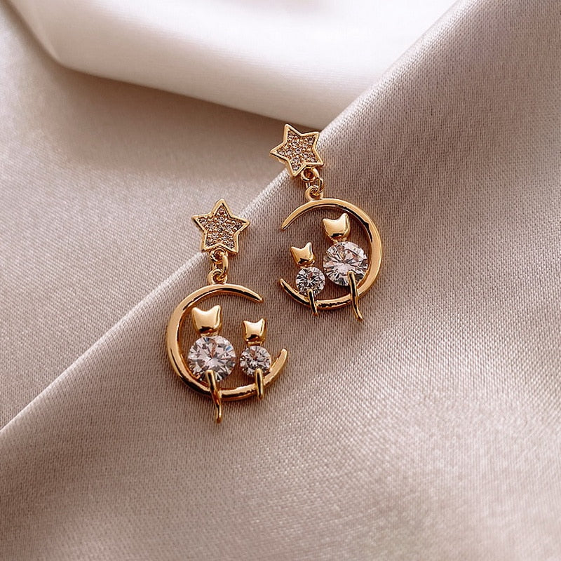 Gold Star and Moon Cat Earrings