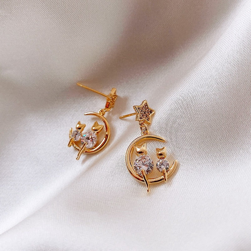 Gold Star and Moon Cat Earrings
