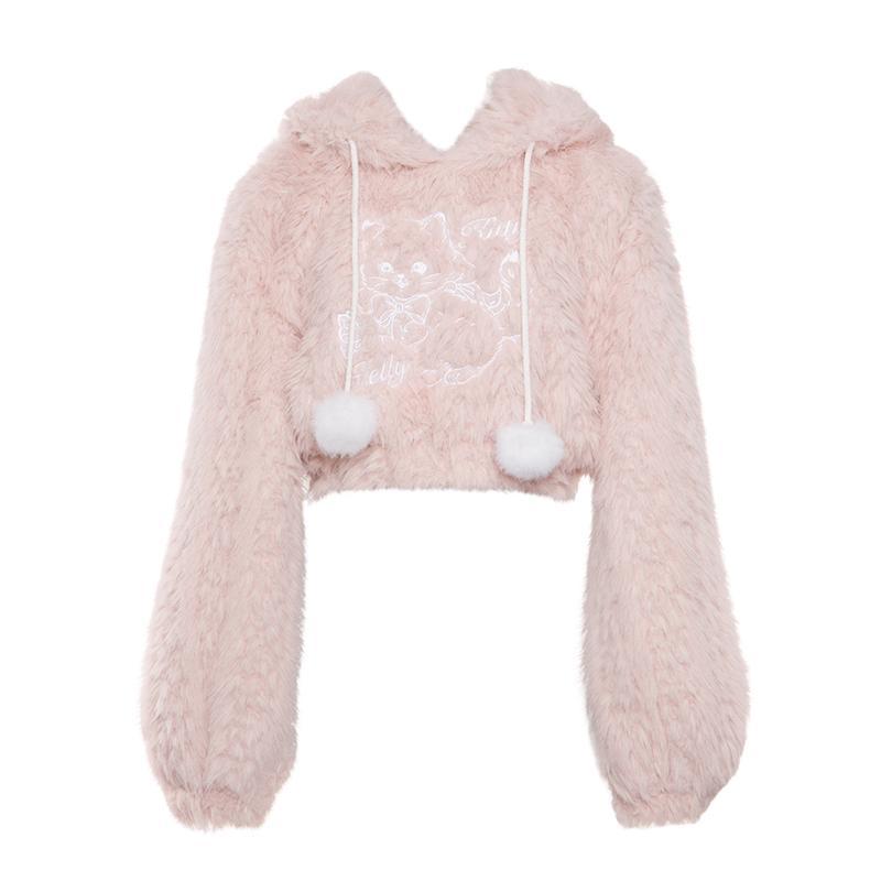 Kawaii Cat Ears Pink Plush Cropped Hoodie