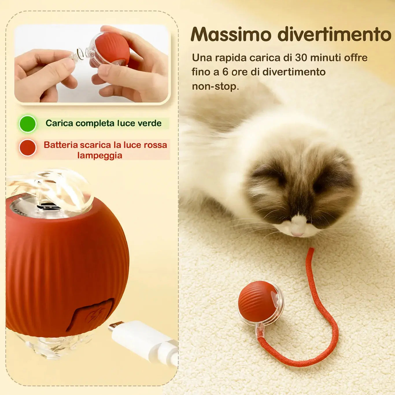 Giocattolo per gatti Loopi con ricarica USB rapida e indicatori LED luce verde e rossa