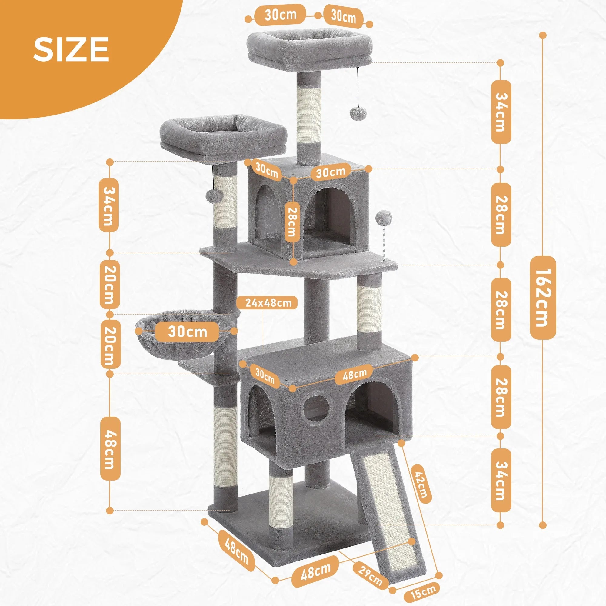 Albero tiragraffi grigio MaxiClimb con piattaforme multiple e tunnel