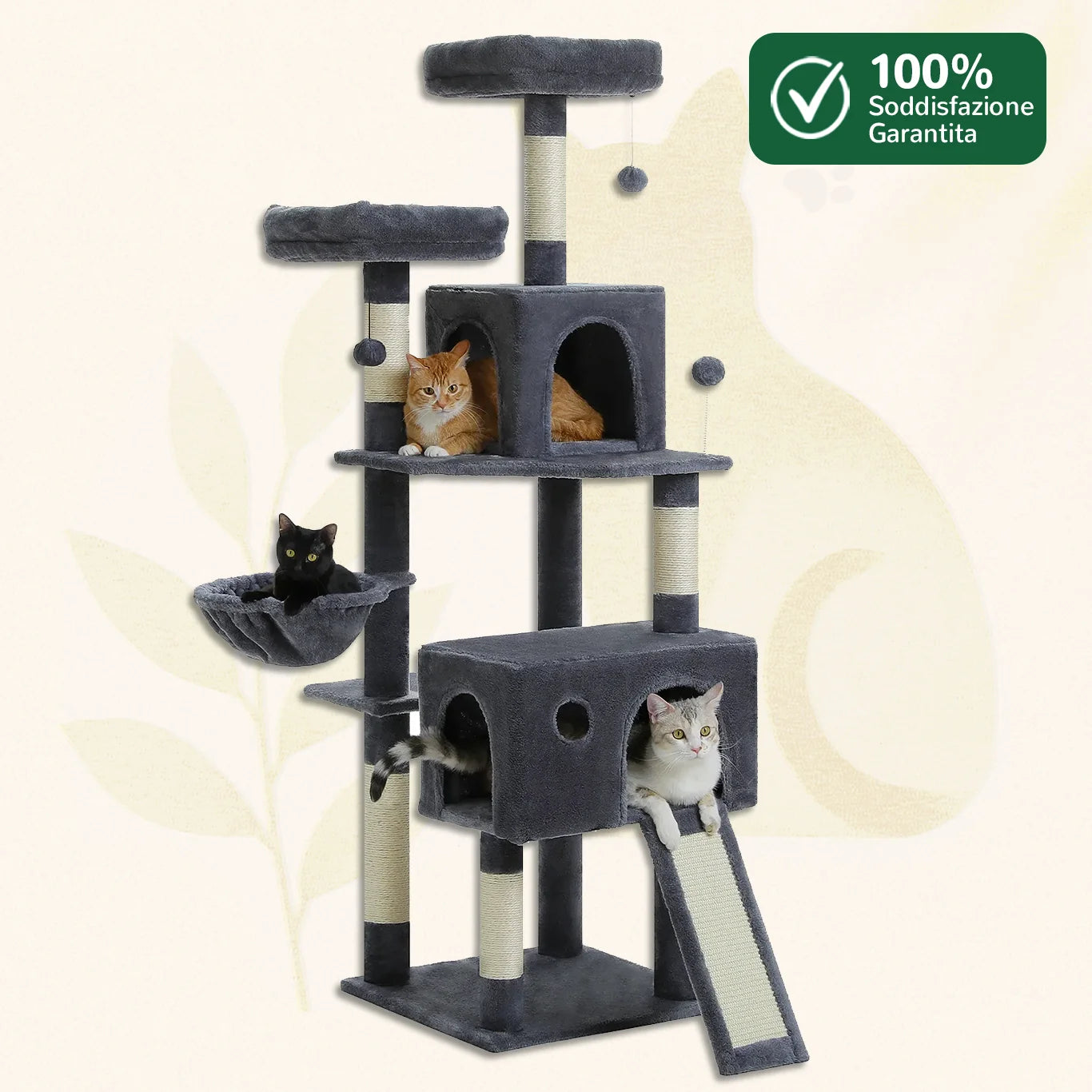 MaxiClimb albero tiragraffi grande multi-livello per gatti colore grigio scuro con lettino e tiragraffi