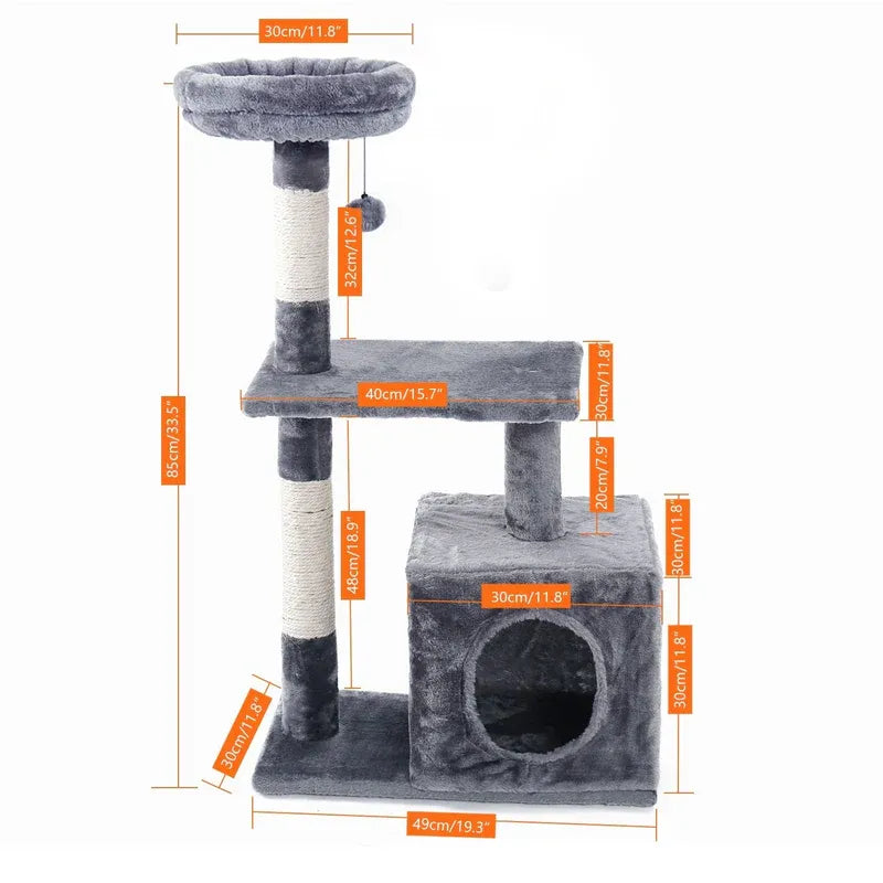 Albero tiragraffi compatto MiniClimb grigio con misure dettagliate 85 cm
